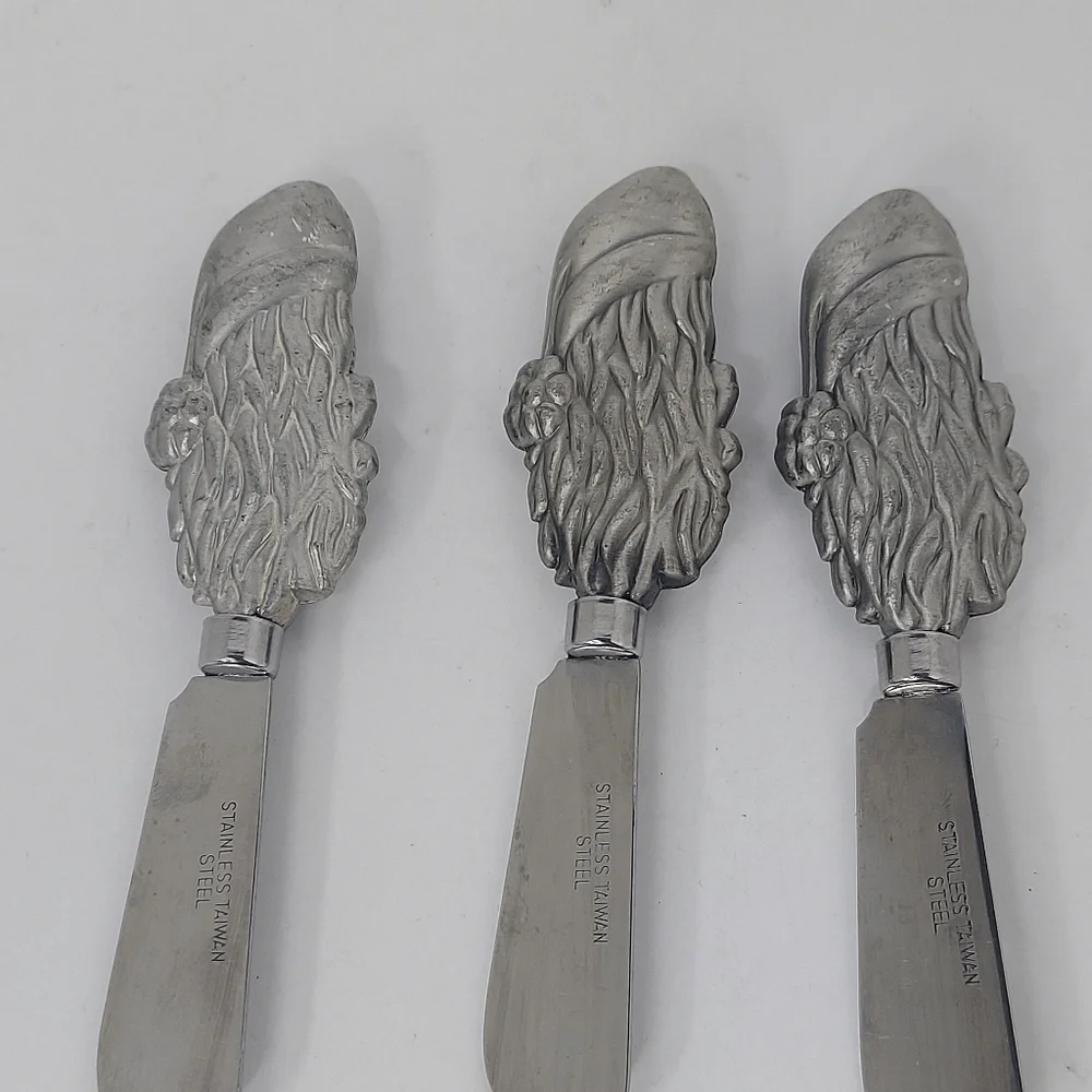 3 Vintage Stainless Steel Sturdy Christmas Santa Cheese Butter Knives